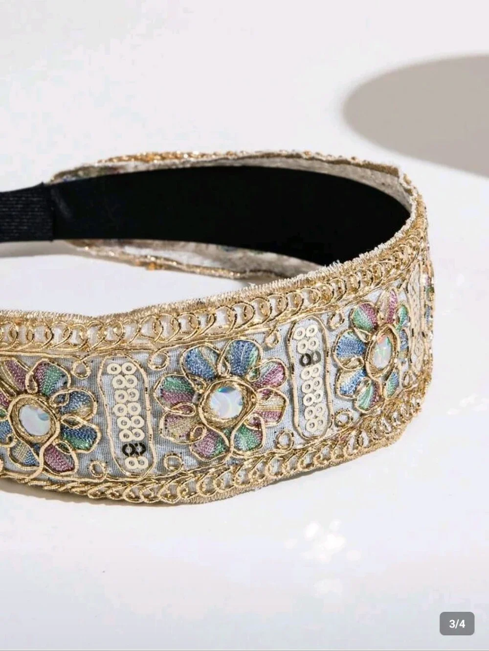 Boho Light Gold Floral Embroidered Headband